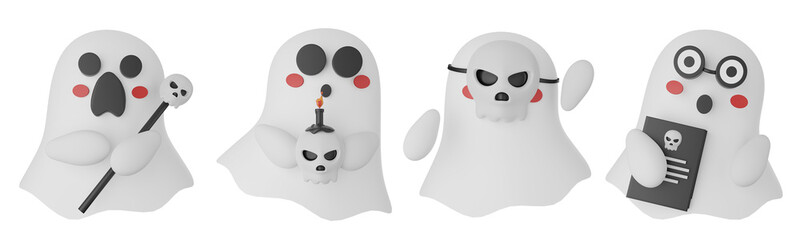 3D Render Holiday Halloween set of themed decorative elements for design. Realistic 3d objects in cartoon style. Ghosts with skulls movement collection set.