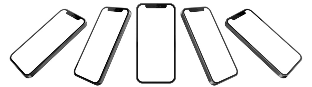 Smartphone mockup isolated with transparent screen png in different viewing angles