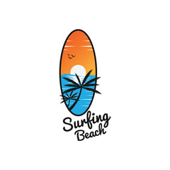 Surfing beach summer paradise logo design template