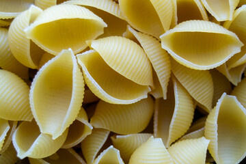 pasta Conchiglioni close-up. yellow pasta. pasta texture. Horizontal image