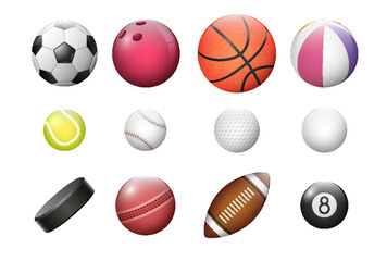 Realistic balls sport games. Rugby, football, soccer, basketball, tennis, volleyball, hockey, golf