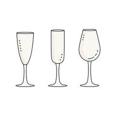 Crystal glasses set. Kitchen cooking tools and appliances, kitchenware, utensil icons set. Doodle style.