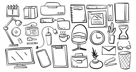 Office hand drawn elements collection illustration vector. 