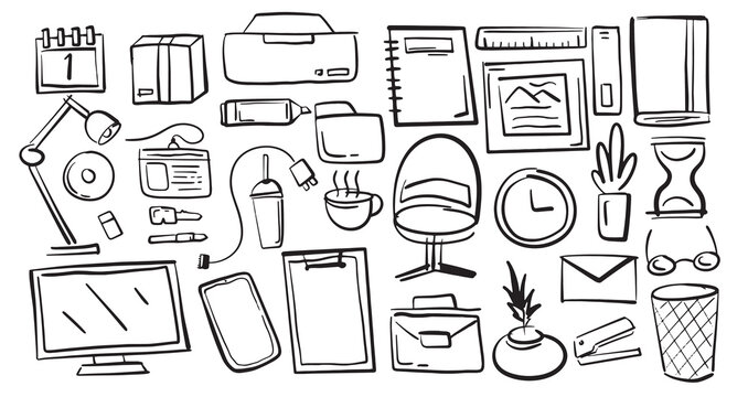 Office hand drawn elements collection illustration vector. 