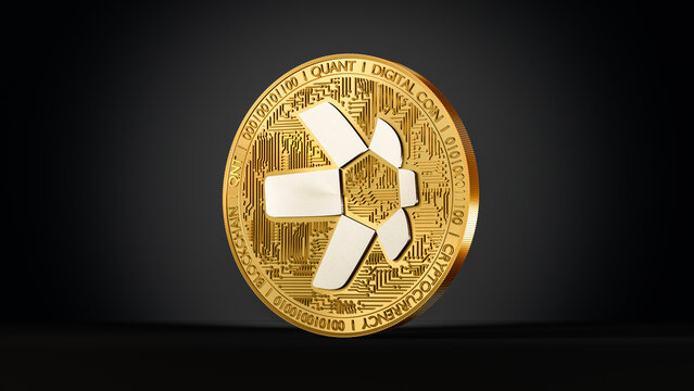 quant cryptocurrency, qnt token sign and logo on golden coin, 3d rendering on a black background