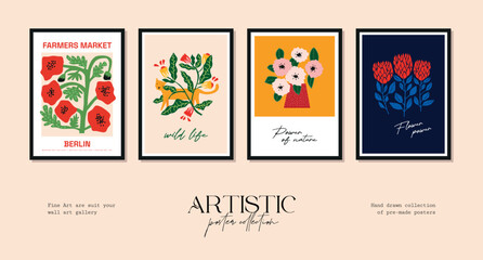 Vector illustration set of botanical printable posters. Art for for postcards, wall art, banner, background.