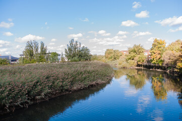 Fototapeta na wymiar London, England, United Kingdom, 9 October 2022: River Roding near Harts Lane estate, Barking