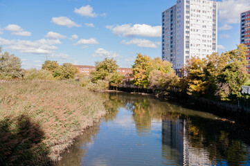 London, England, United Kingdom, 9 October 2022: River Roding near Harts Lane estate, Barking
