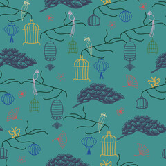 Green and bright birds and cages, laterns seamless pattern background.  Perfect for fabric, scrapbooking, quilting, wallpaper and many more projects.