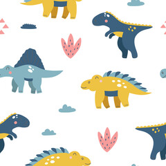 Funny seamless pattern with cartoon dinosaurs. Hand drawn vector doodles for girls, boys, kids for fashion clothes, shirt, fabric