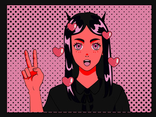 Comic book page with demon anime girl. Illustration for modern poster, cover or t-shirt print.