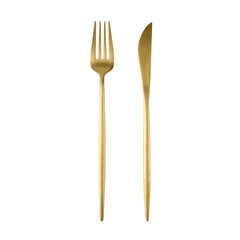 Matte golden color fork and knife isolated on white background. Cutlery set.