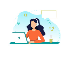 Online internet concept call center girl flat illustration worker with laptop and headphones answer calls