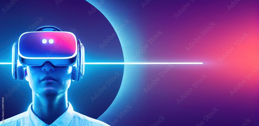Poster Guy wearing glowing virtual reality headset on red background. Digital technology connecting to cyberspace. Enjoying AR 3d rendering