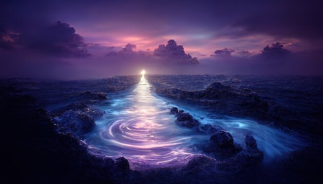 A colorful purple sunset, with a road to the sky, an endless edge, the sea, reefs, a portal to another world. 3d render