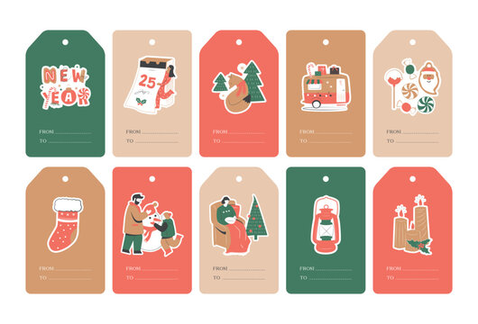 Christmas Collection Of Printable Labels For Wrapping Gifts. Christmas Tags Set. Vector Illustration.