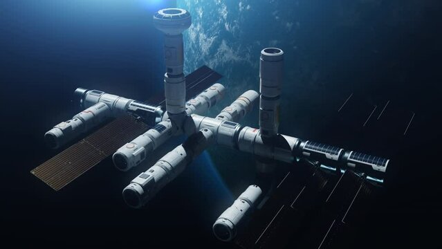 construction of a new space station in orbit of the earth . time-lapse on the theme of space and technological thought