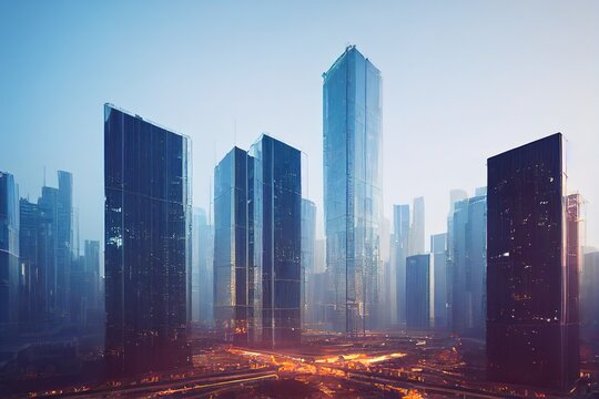 skyscrapers are being built in the metropolis of the future. Tall buildings are highlighted in blue. 3D rendering, raster illustration.