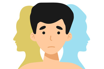 Metaphor bipolar disorder mind mental. Double face. Split personality. Concept mood disorder. 2 Head silhouette.Psychology. Mental health. Dual personality concept. Tangle and untangle,