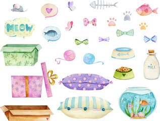 Cute watercolor cat. Kitten cartoon illustration, domestic pet character design. Baby animal illustration. Children kitty graphics. Baby shower clip art