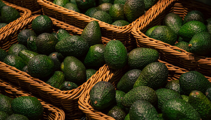 Baskets with avocado in a supermarket, close up.