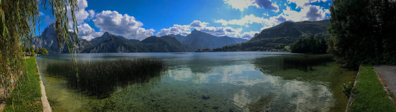 photo background panoramic view of the Traunsee lake, among the mountains, beautiful nature without people, Gmunden, Austria