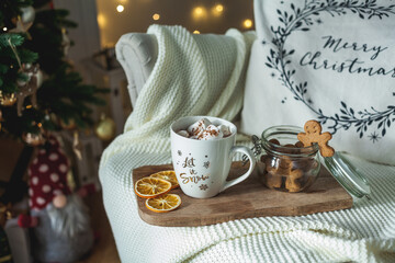 Hot cup of cocoa with marshmallows and gingerbread cookies. Christmas eco decorations. New Year. Winter holidays, gifts.
