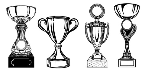 Sketch Set of cups and trophies hand drawn. Isolated on white background. Vector.