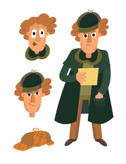 Cute spy Sherlock Holmes in cartoon style. Character for postcards, books, posters. Vector illustration, icon on isolated background.