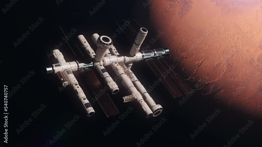 Wall mural the world's first space station orbiting mars. the concept of near-future space technology and the c