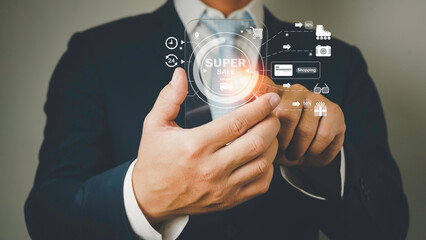 Businessman paying and shopping online with smartphone application. Digital money transfer, banking and e commerce concept.