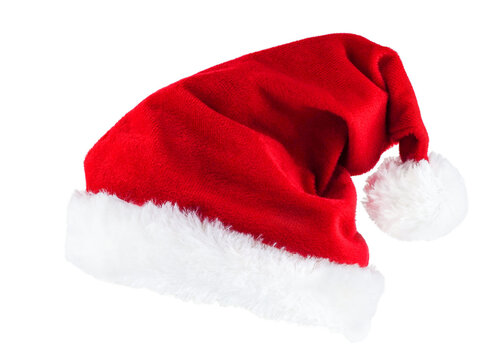 Red fluffy christmas hat isolated on white background. New Year
