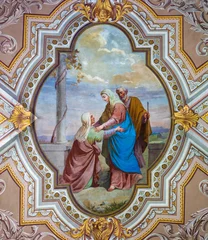 Tuinposter DOMODOSSOLA, ITALY - JULY 19, 2022: The neo-baroque fresco of Visitation on the ceiling of church Santuario Madonna della Neve by unknown artist. © Renáta Sedmáková