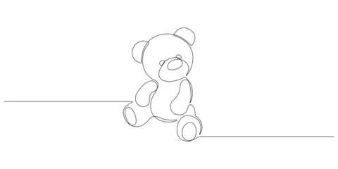 Fotobehang One continuous line drawing of Teddy bear. Soft toy symbol of friendships childrens in simple linear style. Concept for birthday gift and greeting card in editable stroke. Doodle vector illustration © Olga Rai