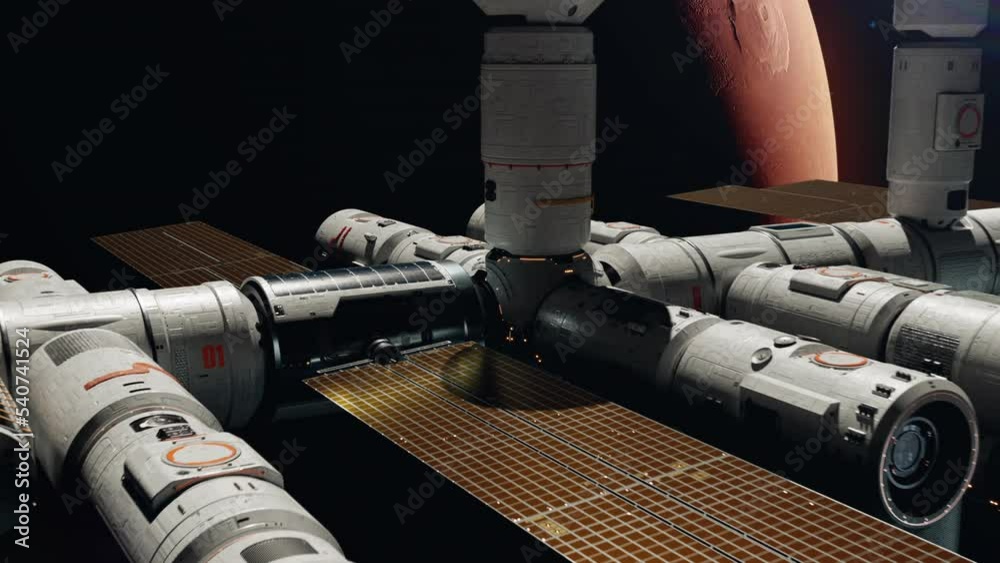 Wall mural the world's first space station orbiting mars. the concept of near-future space technology and the c