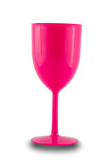 Pink plastic wine glass isolated on white background.