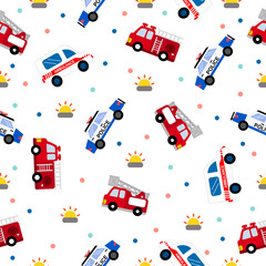 car cartoon pattern design concept.Fire truck , police car ,ambulance car and alarm on white background.Design for kid clothing.printing ,fabric pattern. © sirinporn