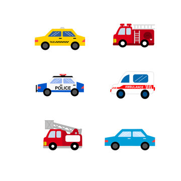 car cartoon  design concept.Fire truck , police car  ,ambulance car and ambulance car ,taxi on white background.Design for kid clothing.printing ,banner ,symbol.