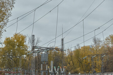 Power mast for high voltage electricity pylon with cables in nice landscape