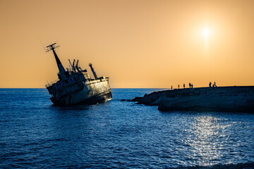 shipwreck in the sea near Paphos, Cyprus - obrazy, fototapety, plakaty