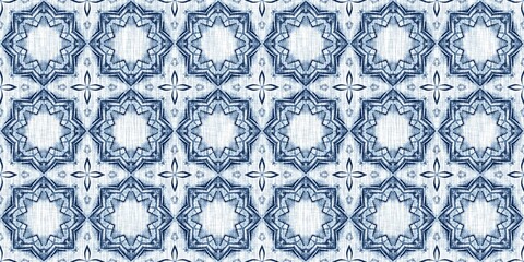 Indigo dye wash coastal damask seamless border pattern. Washed out geometric dip dyed blur effect edging. Nautical and marine ocean blue masculine endless tape background with linen texture trim.