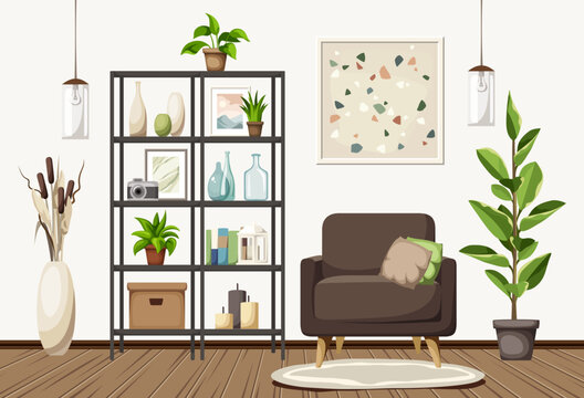 Room Interior Design With An Armchair, A Shelving, A Big Ficus Tree, And A Terrazzo Print On The Wall. Cartoon Vector Illustration