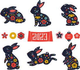 2023 year of rabbit. Decorated rabbit zodiac collection for Chinese new year design. Animal symbol, lantern, flowers and other isolated elements in asian style - 540743158