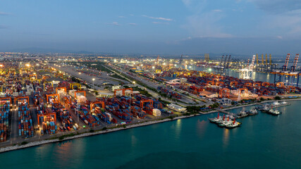 Naklejka premium Shipyard Cargo Container Sea Port Freight forwarding service logistics and transportation. International Shipping Depot Custom Port for import export trade Transport Business manufacturing shipping 