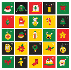 Christmas advent calendar with geometric trendy abstract illustrations of holiday card with santa claus, deer, crazy geometric shapes, christmas tree and wreath for poster.