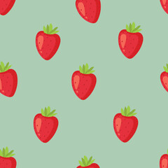 Seamless pattern with kawaii fruits. Cheerful design for kids clothes with cute strawberry characters and sliced strawberry on pink background