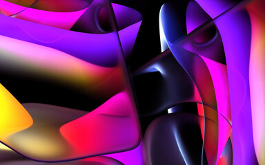3d render of abstract art 3d background with part of surreal cubical ice glass object with glowing stripes elements inside in neon purple and yellow gradient color on isolated black background