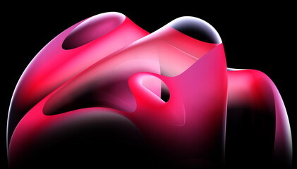 3d render of abstract art 3d background with part of surreal alien flower in curve wavy organic spherical biological lines forms in transparent glowing material in red pink gradient color on black 