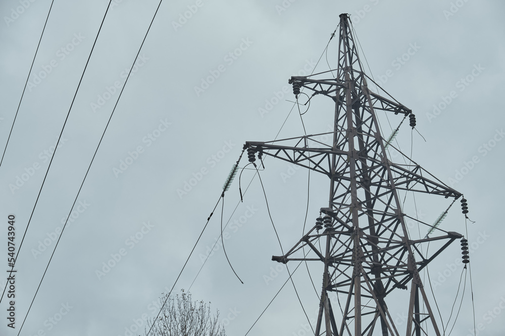 Wall mural power mast for high voltage electricity pylon with cables in nice landscape