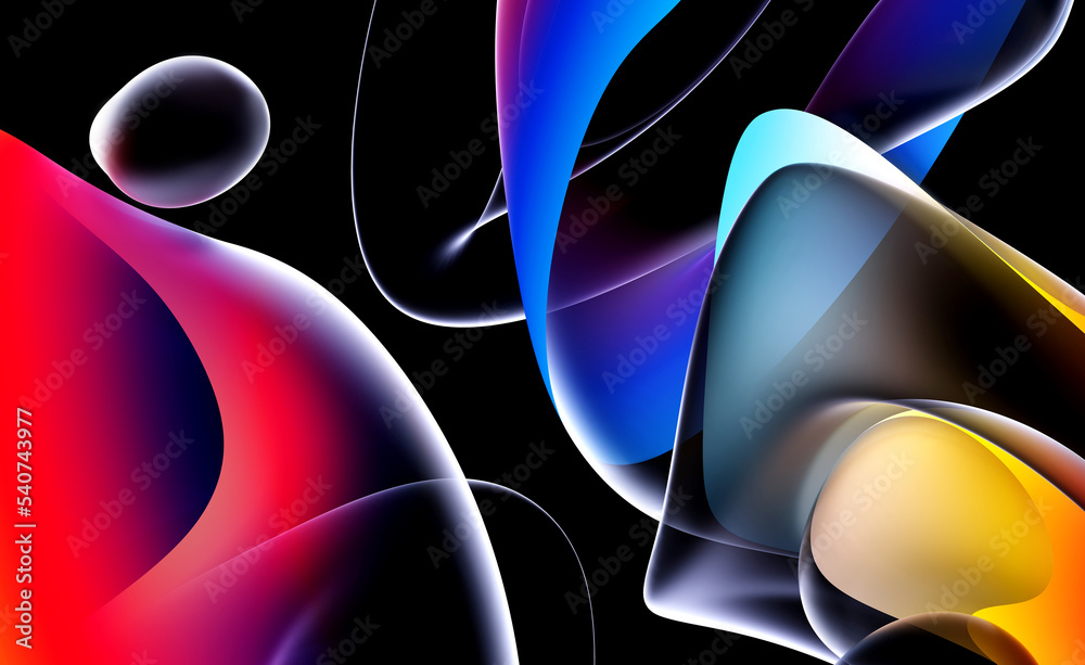 Wall mural 3d render of abstract art of surreal 3d background in curve wavy round and spherical lines forms in transparent plastic material with glowing red blue and purple color inside on black background